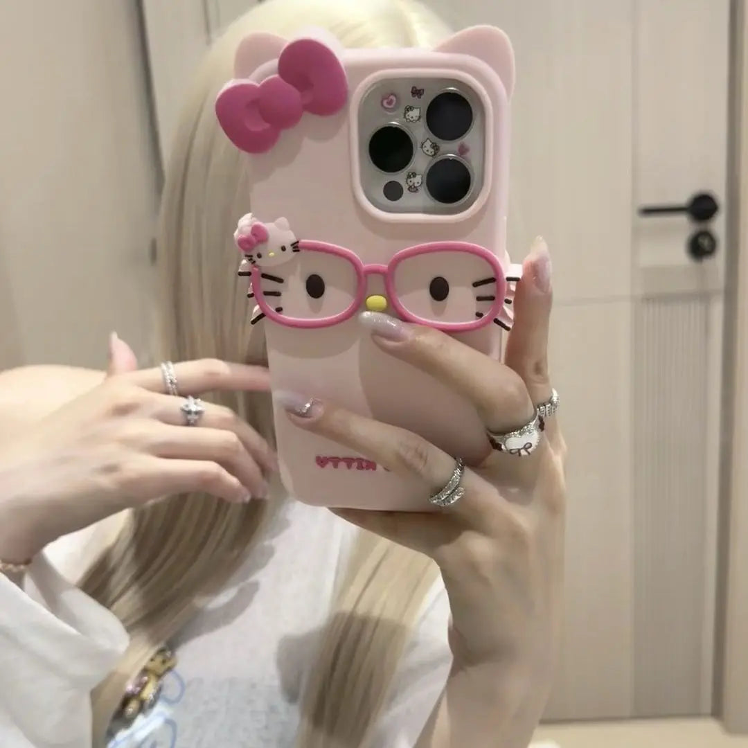 Sanrio 3D Cartoon Glasses Hello Kitty Phone Case For iPhone 17 Promax 16 15 14 13 12 Pro Max 11 So Cute Y2K Soft Silicone Cover