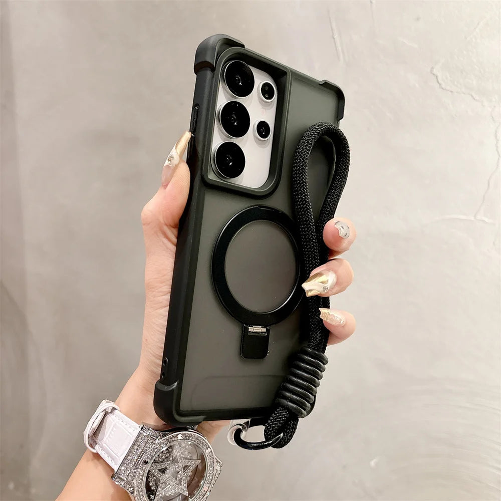 Luxury Lanyard Magnetic Armor Folding Stand Phone Case For Samsung S24 S25 Plus S23 Ultra 5G Shockproof Protective Back Cover