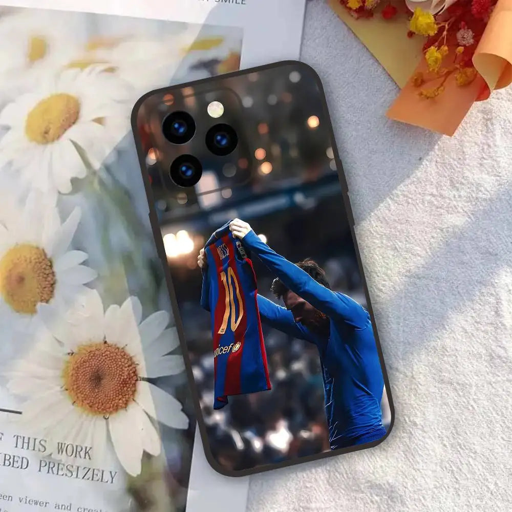 1PC Football King M-Messi Phone Case Silicone Soft Black Shockproof TPU For IPhone 16 15 14 13 12 11 Plus Pro Max Plus