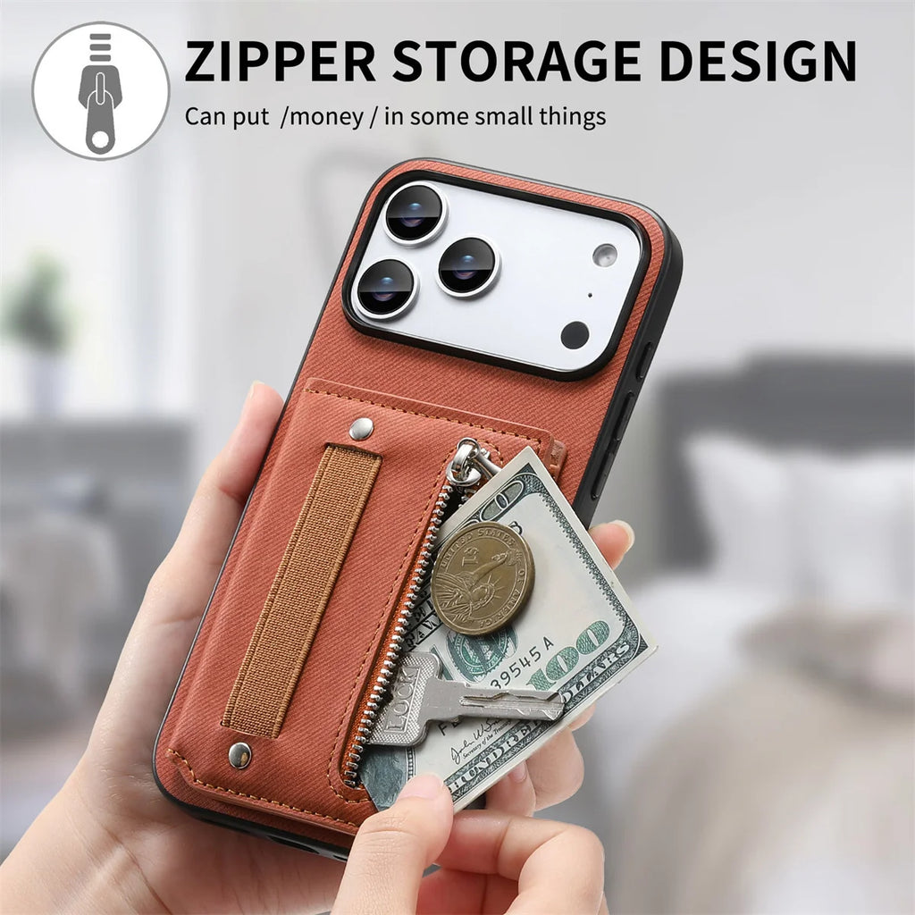 Wrist Strap Flip RFID Wallet with Card Holder Phone Case for IPhone Air 17 16E 16 Plus 15 14 13 12 11 Pro Max Leather Cover