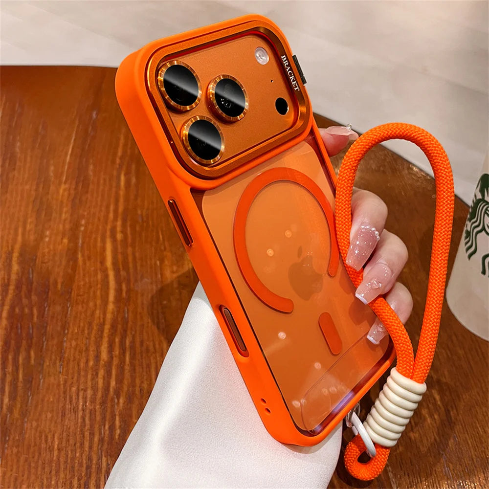 Luxury 3IN1 Lanyard Lens Holder Transparent For Magsafe Phone Case For iPhone 17 16 15 14 13 12 Pro Max Solid Color Bumper Cover
