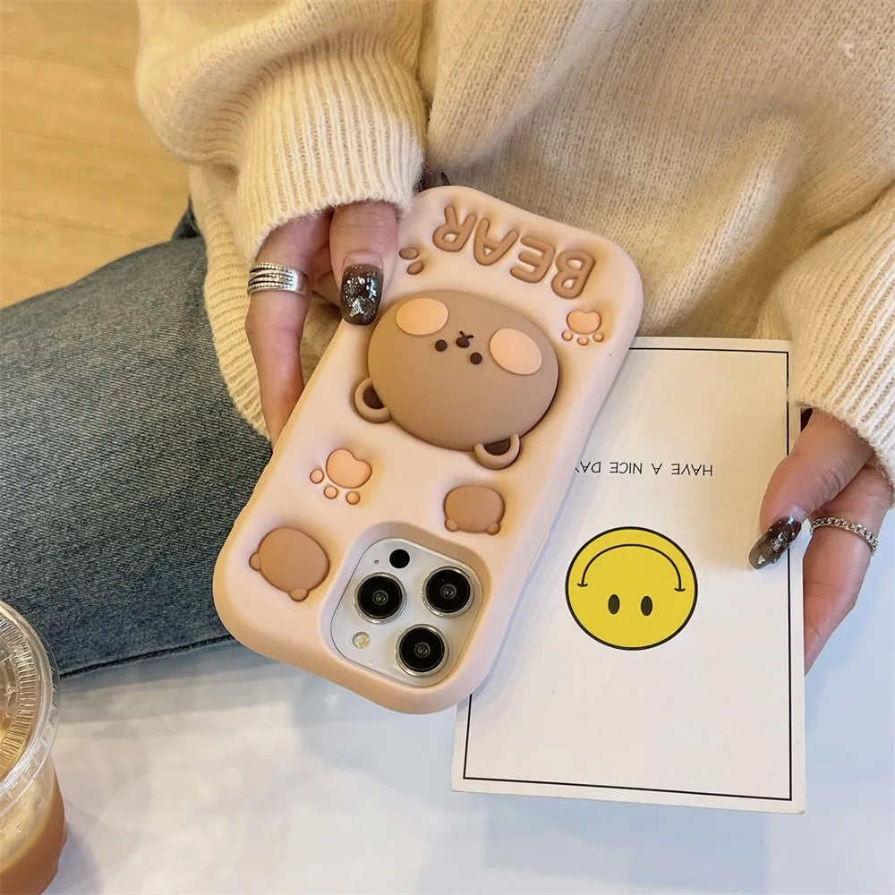 Cartoon Bear Phone Cases For iPhone 16 Plus 15 14 13 12 11 Pro Max X XR XS Max 6 7 8 Plus SE Soft Silicone Cover With Holder