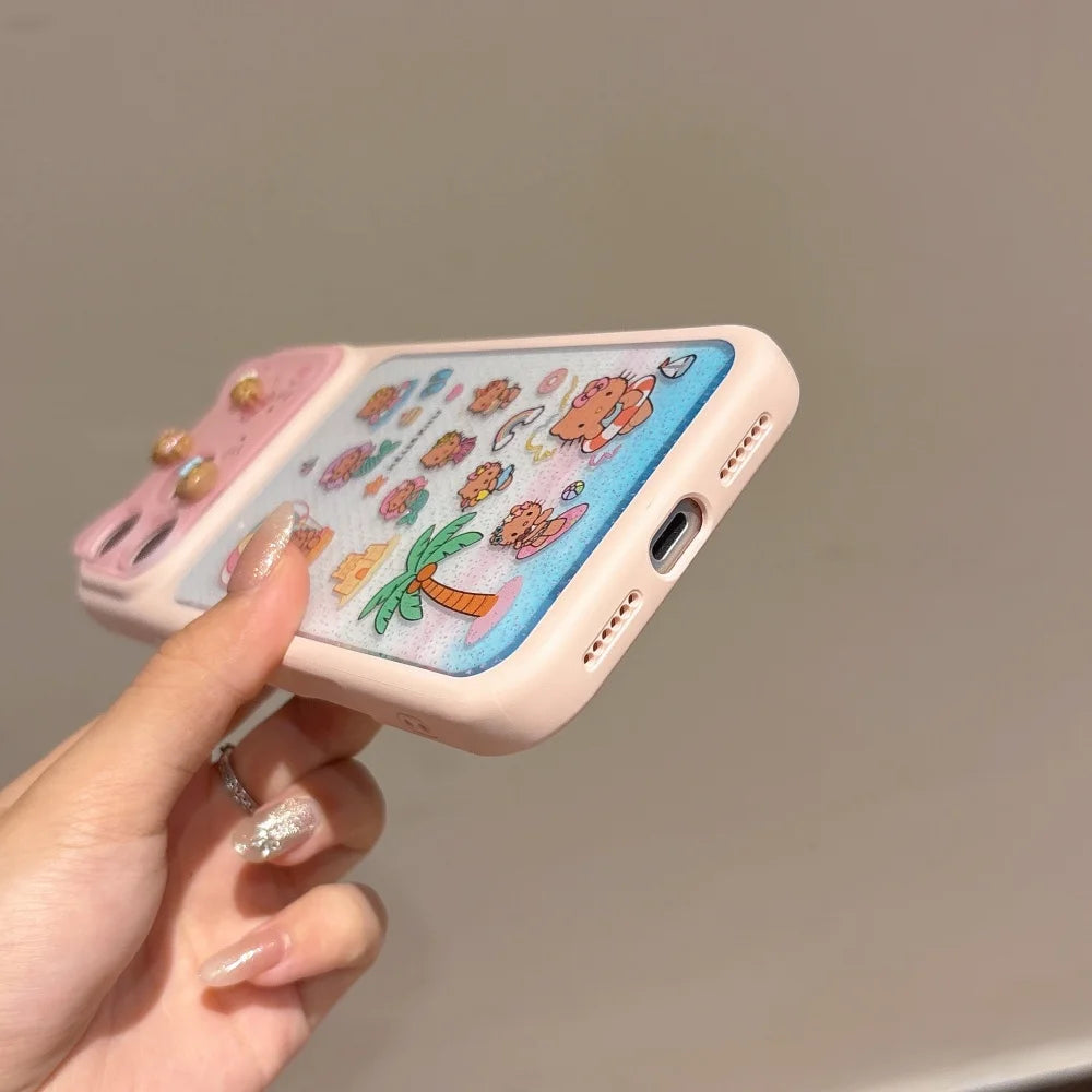 Cute 3D Cat Ears Beach Hello Kittty Lens Protection Phone Case For iPhone 17 Pro Max 16 15 Pro Max Shockproof Hard Acrylic Cover