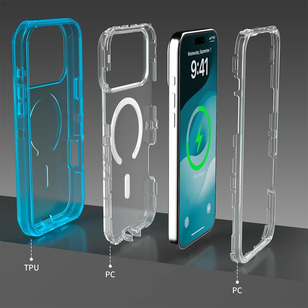 Rugged OTT Armor Magnetic Wireless Charging Clear Case for IPhone 17 Air 16 15 14 Plus 13 12 Pro Max Enhanced Shockproof Cover