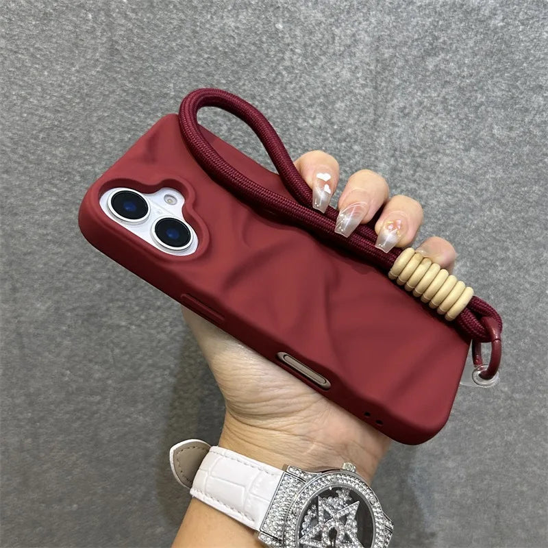 Luxury Wrinkle Matte Wrist Strap Case for iPhone 16 15 14 17 Pro Max Air 13 12 11 Lanyard Candy Solid Color Ripple Soft Cover