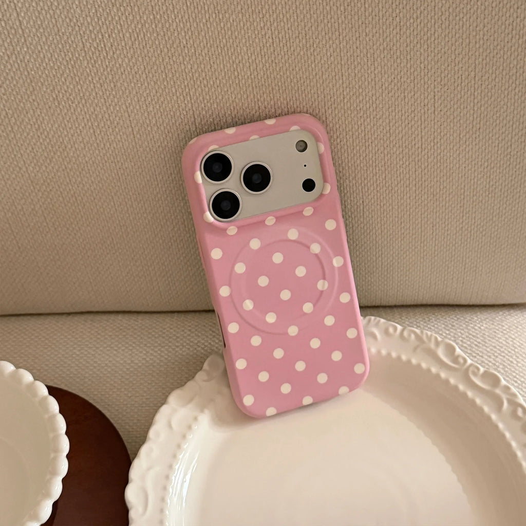Korean Full Screen Polka Dots With Plaid Stars Magnetic Bracket Phone Case for iPhone 17 16 15 14 Pro Max Shockproof Soft Cover