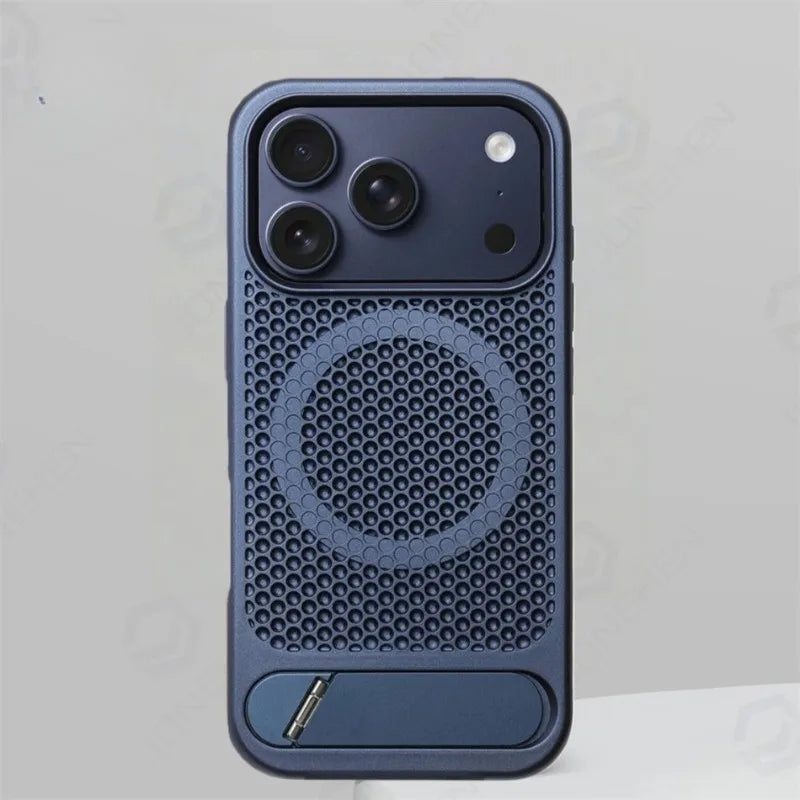 Heat Dissipation Stand Magnetic Shockproof Bumper Case For iPhone 17 Pro Max Air 16 15 14 13 12 Breathable Cover For Magsafe