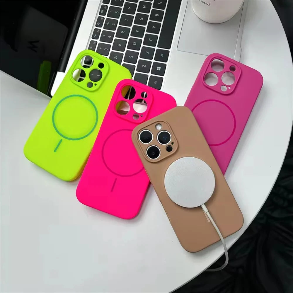 Original Liquid Silicone For Magsafe Cover For iPhone 16 16E 15 14 13 12 11 Pro Max Plus Magnetic Fluorescent Matte Phone Case
