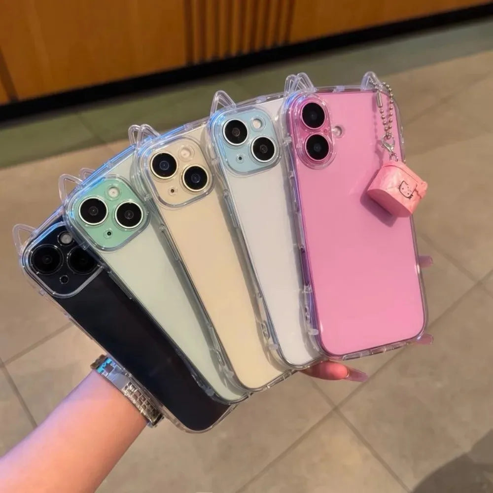 Fashion Clear 3D Cute Cat Ears Phone Case For iPhone 17 Air 16 E 15 14 13 12 11 Pro Max Mini 17 Pro Shockproof Soft TPU Cover