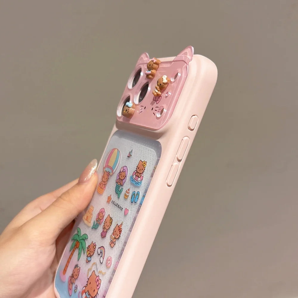 Cute 3D Cat Ears Beach Hello Kittty Lens Protection Phone Case For iPhone 17 Pro Max 16 15 Pro Max Shockproof Hard Acrylic Cover