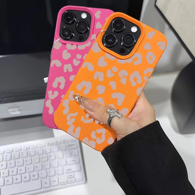 For IPhone 17 16 15 14 13 12 11 Pro Max Case Pink Leopard Print Lichee Pattern Silicone Cover for IPhone XS X XR 16 Plus Fundas