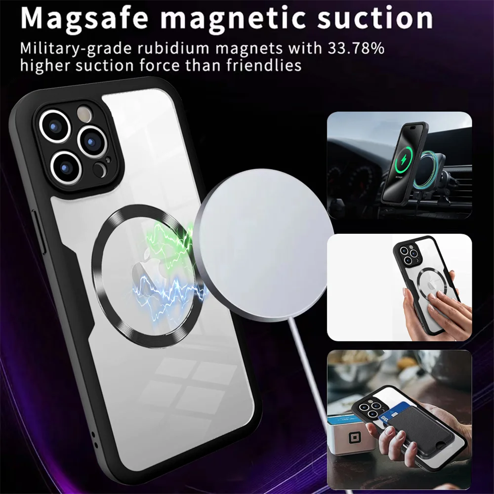 360 Full Body Transparent Magnetic For Magsafe Phone Case For iPhone 16 15 11 12 13 14 Pro Max 15 Plus Wireless Charging Cover