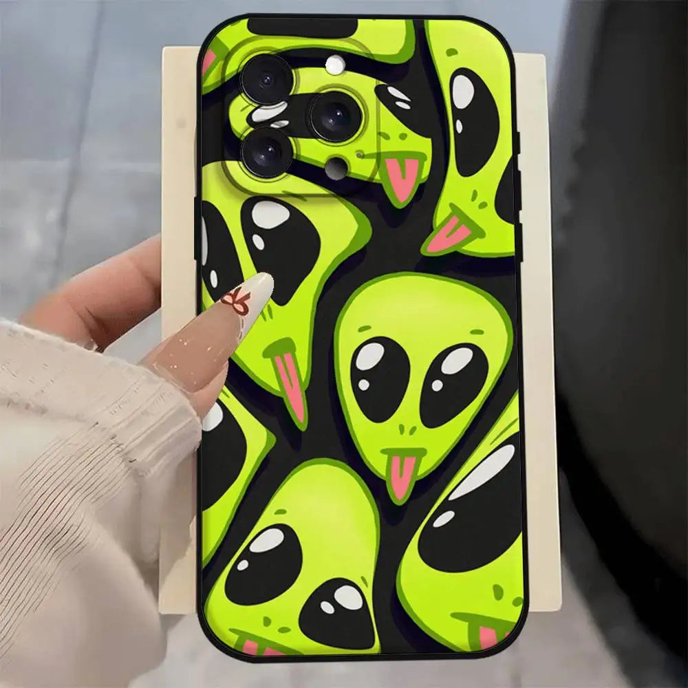 Cute Cartoom Alien Phone Case For IPhone 17 Pro 15 13 14 16 11 12 Pro Max 7 8 Plus XR XS X SE Matte Soft Funda Silicone Cover