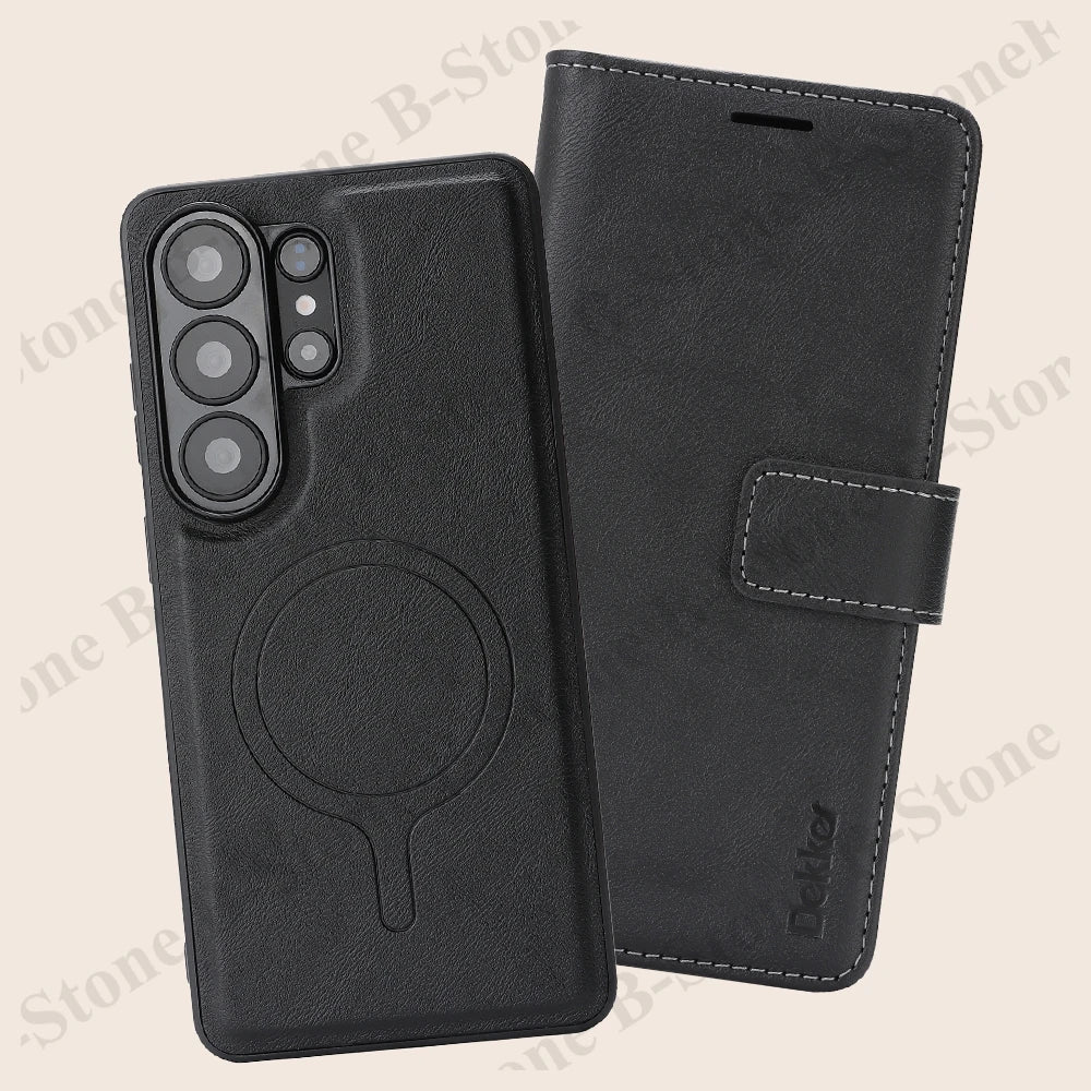 2 In 1 Leather Flip Case for Samsung Galaxy S26 Ultra 25 Plus S24 S23 S26U Wireless Charging Magnetic Cash Card Slots Phone Case
