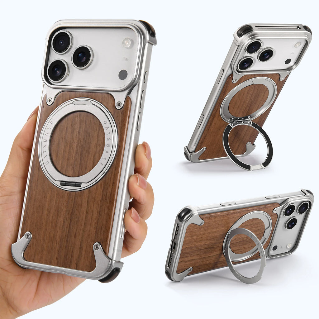 Oatsbasf Solid Wooden Phone Case for iPhone 17 16 Pro/Pro Max with Kickstand 360° Rotatable Magnetic Shockproof Protective Cover