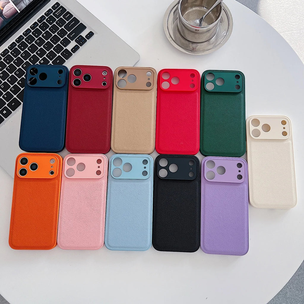 Luxury Lychee PU Leather Texture Solid Color Case For iPhone 17 Air 16 E 15 14 Plus 13 12 Mini Pro Max Shockproof Bumper Cover