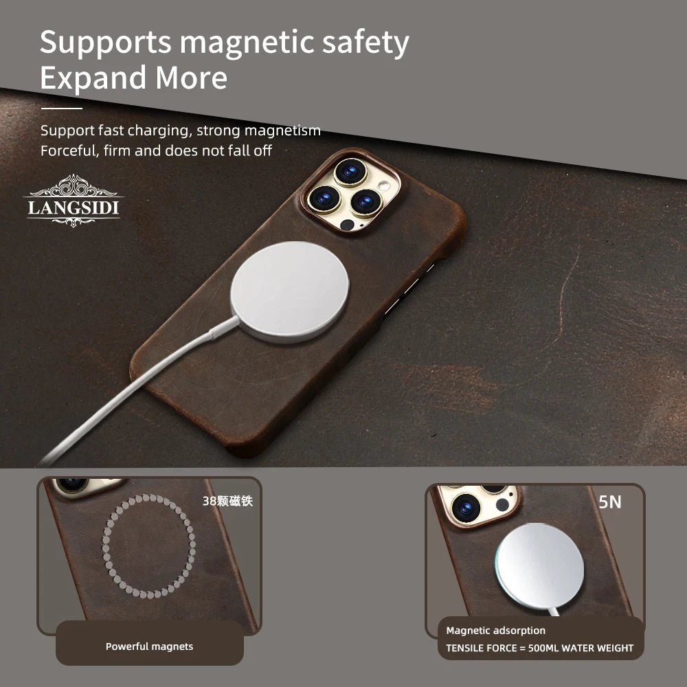 LANGSIDI for Magsafe Case for iPhone 15 16 Pro Max Retro Luxury Full Grain Cowhide Genuine Oiled PULL-UP Leather Magnetic Cover