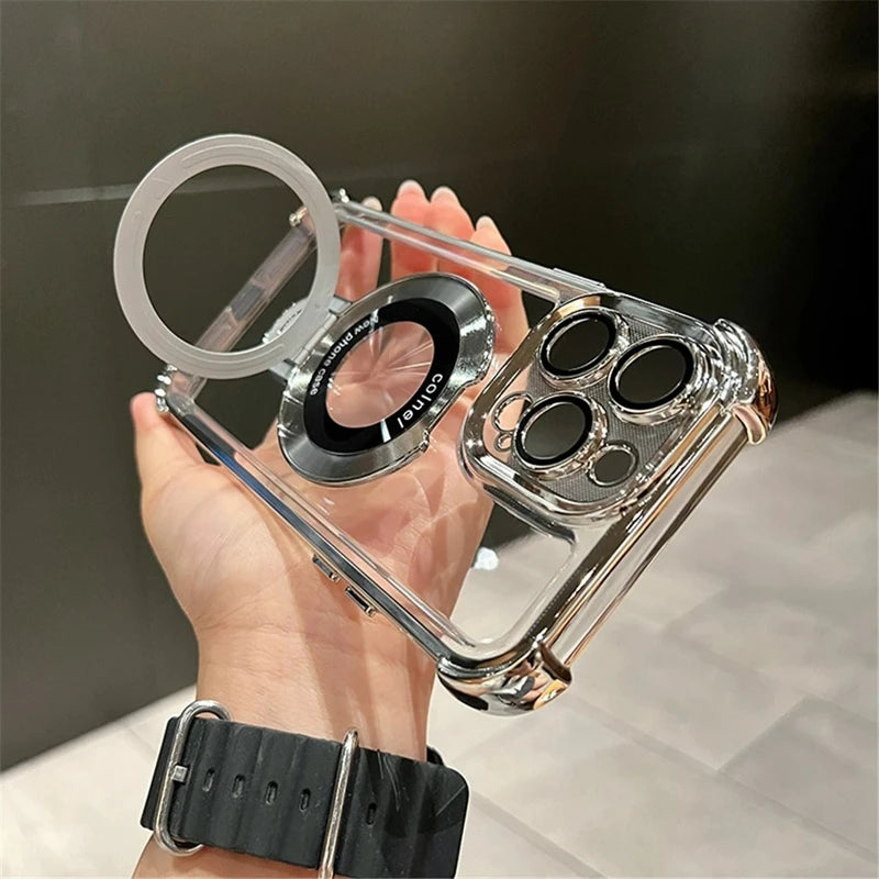 Luxury Shockproof For Magsafe Clear Case For iPhone 17 Pro Max Air 11 12 13 14 15 16 Plus Plating Magnetic Holder Stand Cover