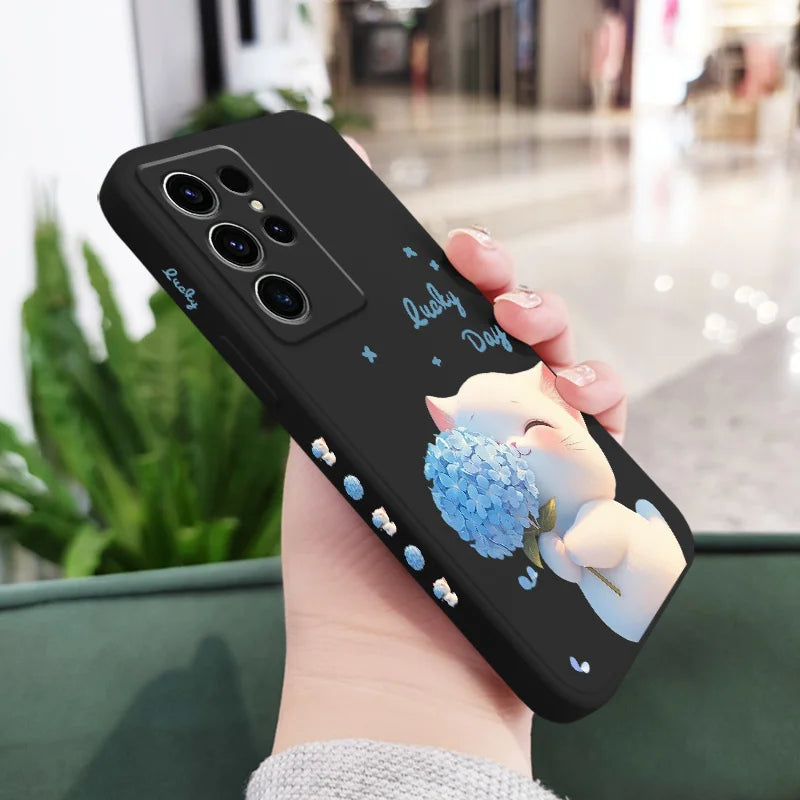 Blue Silk Cat Phone Case For Samsung Galaxy S26 Plus Ultra Silicone Cover
