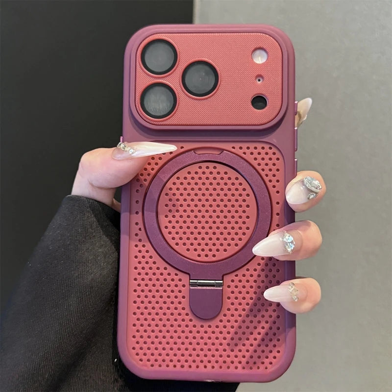 Luxury Dissipation With Holder Heat Phone Case For iPhone 12 13 14 15 16 17 Pro Max Plus Magnetic Matte Bumper Back Cases Cover