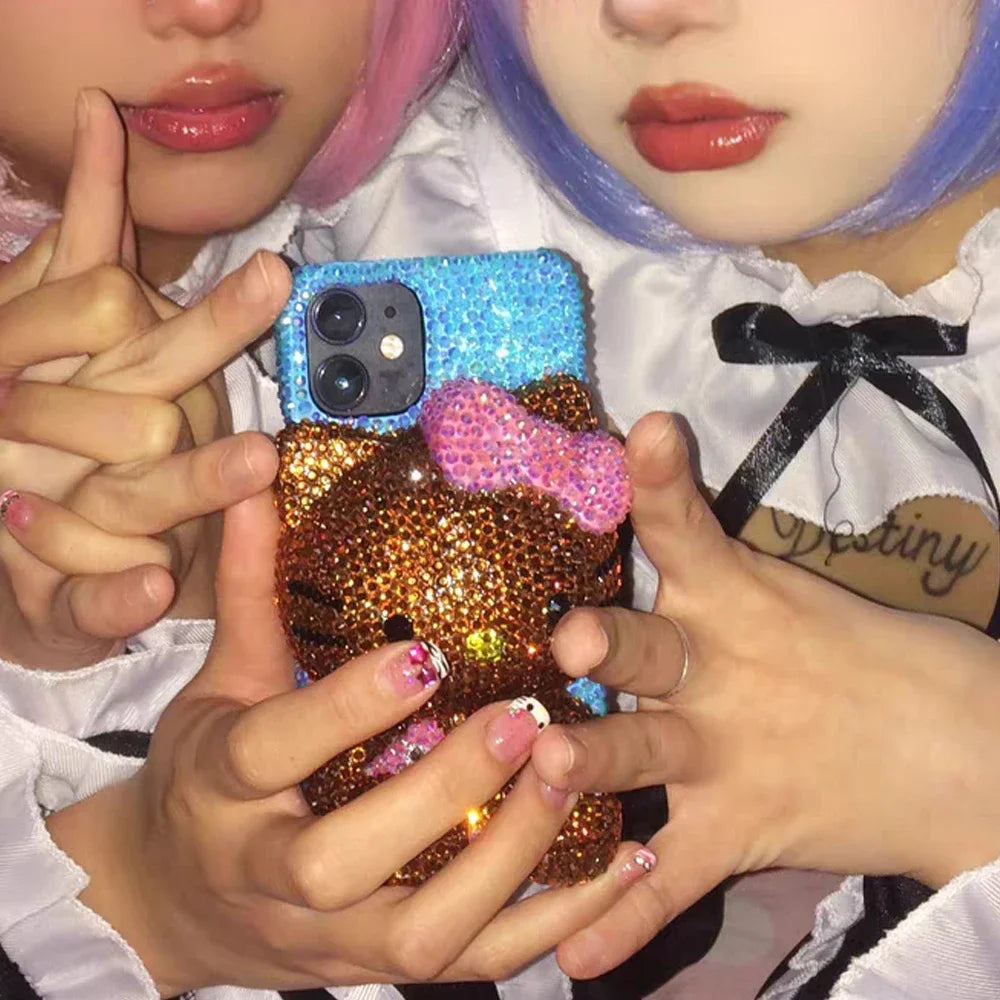 Hot Hello Kitty Rhinestone Crystal Phone Case Chain For iPhone17 Air 16 12 13 14 15Pro Max X Xs XR 7 8 Plus SE Transparent Bu