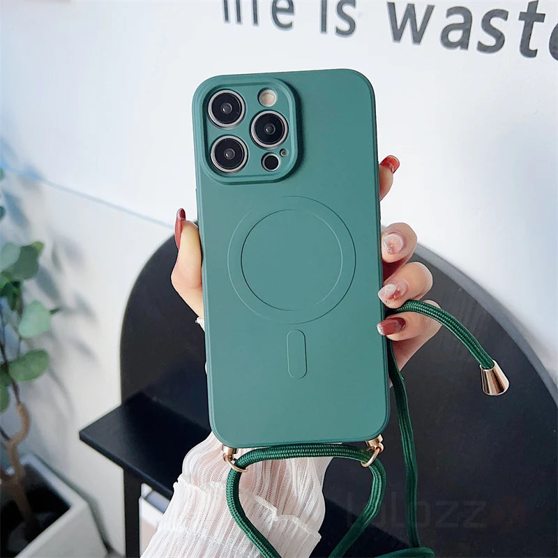 Lanyard Strap Soft Phone Case For iPhone 17 16 15 11 12 13 14 Pro Max 8 7 Plus XS X For Magsafe Magnetic Wireless Charging Cover