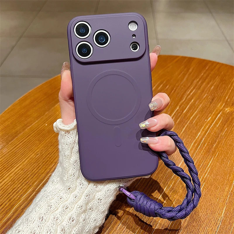 For Magsafe Liquid Silicone Magnetic Matte Case for iPhone 17 Air 16e 15 14 13 12 11 Pro Max Plus Wrist Strap Lanyard Soft Cover
