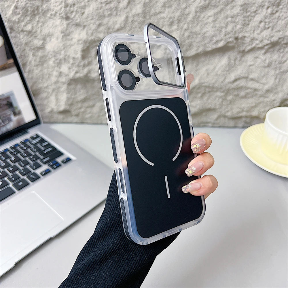 Luxury Matte Shockproof Magnetic Bumper Case For iPhone 17 Pro Max Air 16 15 14 Plus 13 12 For Magsafe Lens Protect Stand Cover