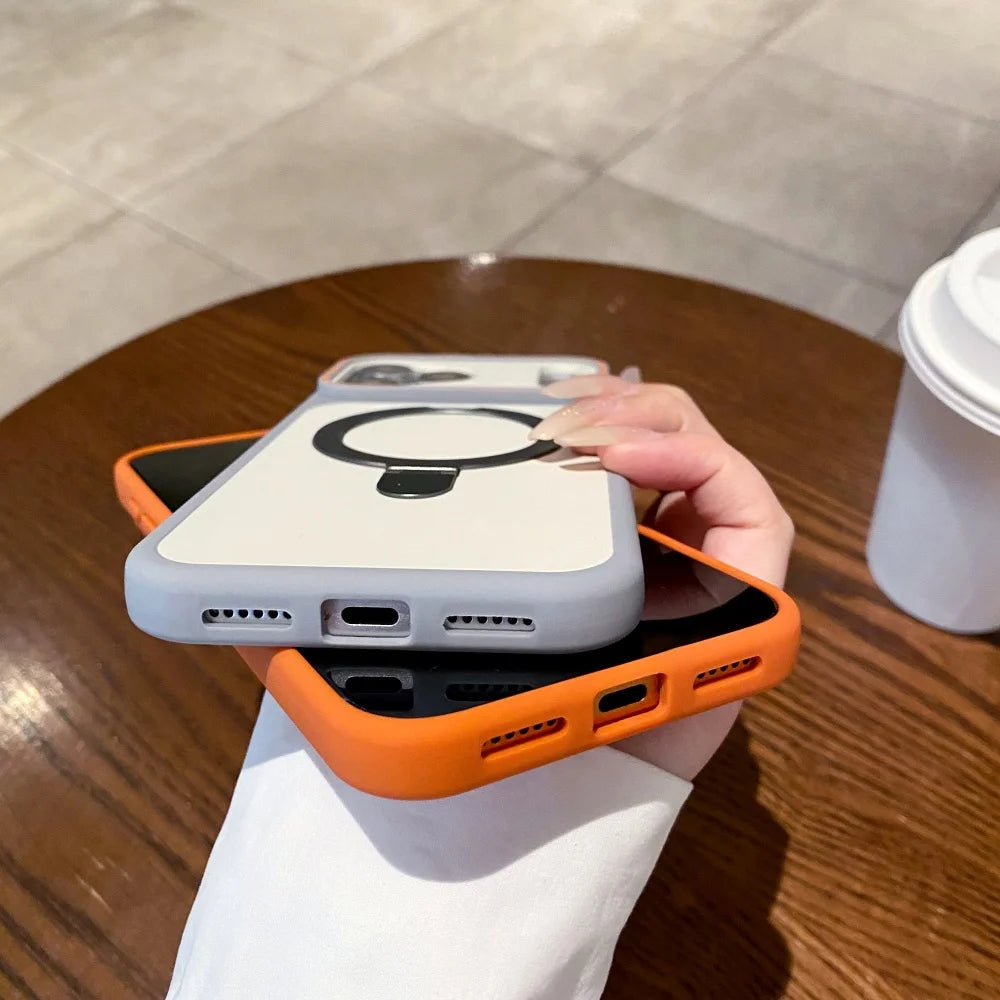 Luxury For Magsafe Magnetic Fold Metal Bracket Phone Case For iPhone 17 Air 16 15 14 Plus 13 12 Pro Max Matte Shockproof Cover