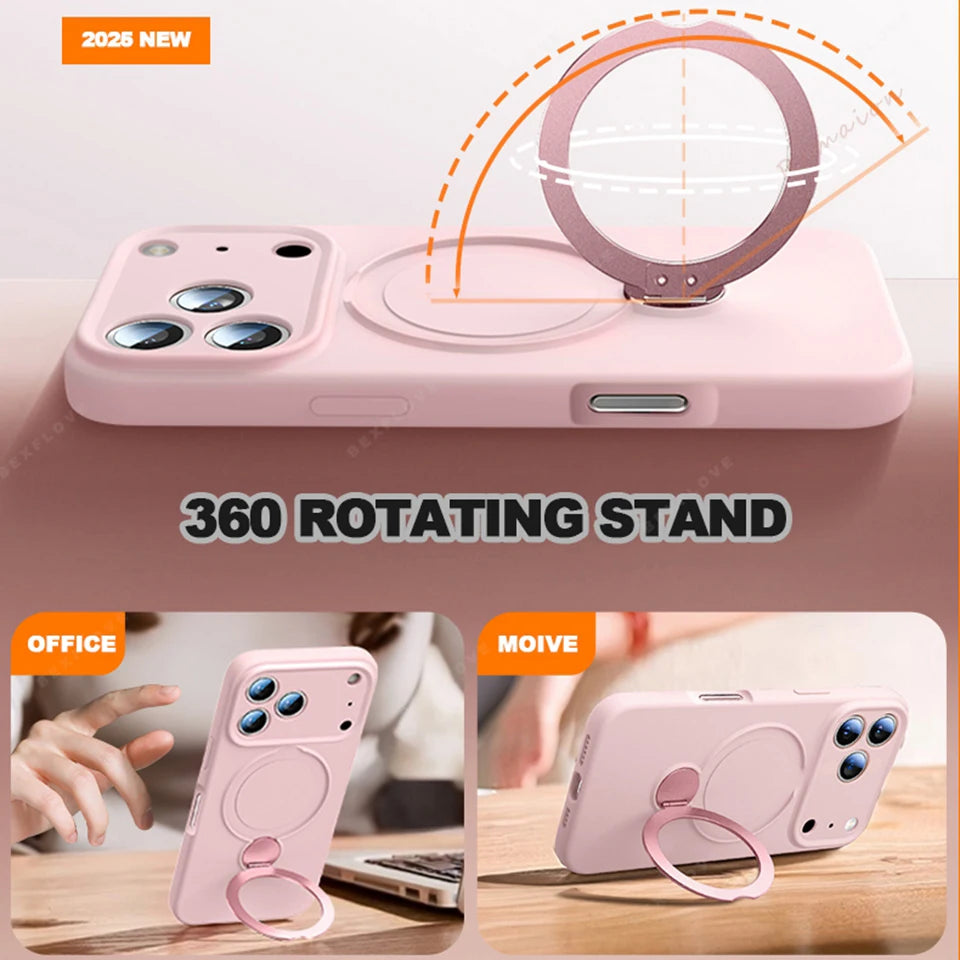 360 Magnetic Stand Liquid Silicone Phone Case For iPhone 17 Air 13 14 15 16 Pro Max Plus Magsafe Charge Holder Protector Cover