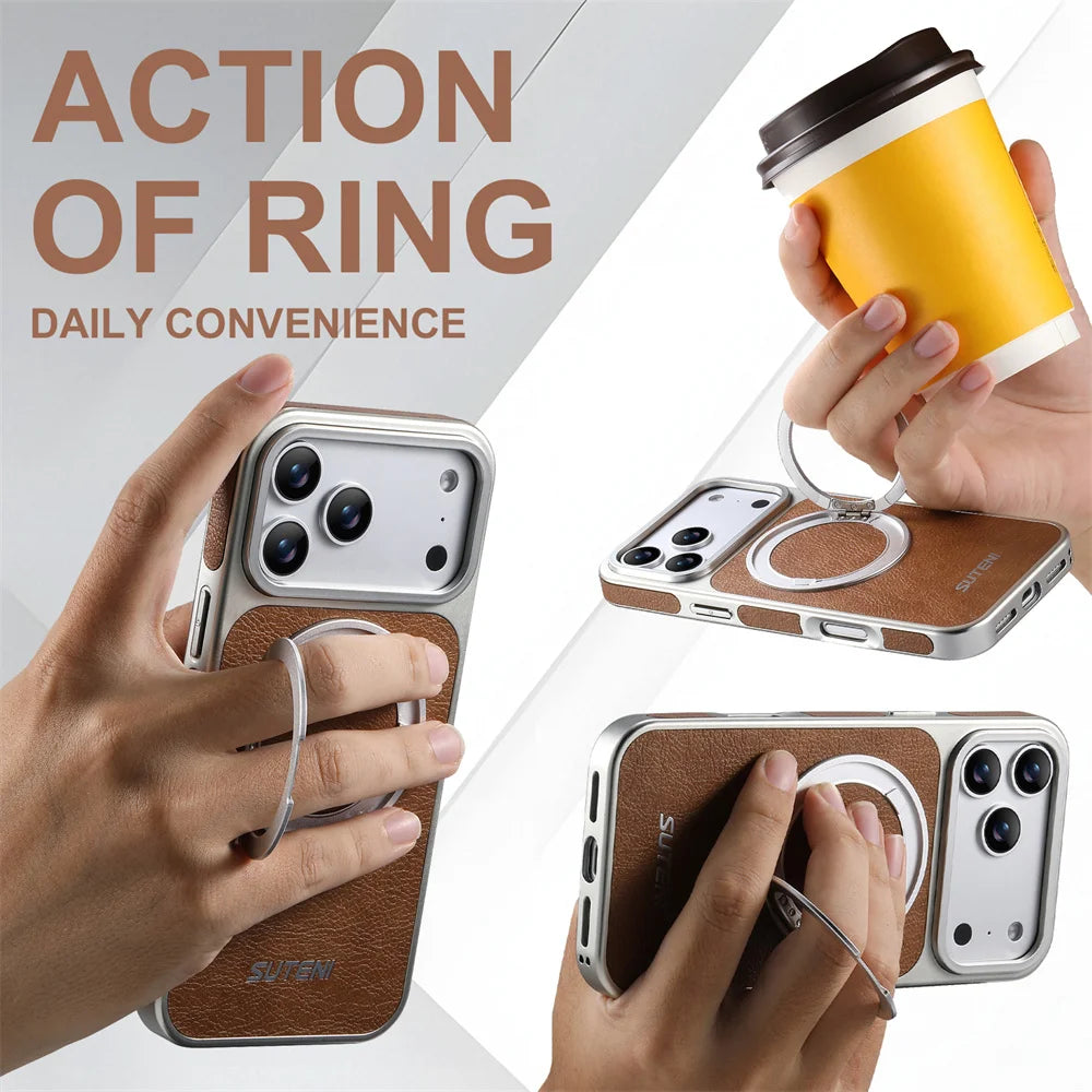 Rotating Magnet Ring Fold Stand Leather Magnetic Phone Case For Apple iPhone 17 16 15 14 13 Pro Max Silver Plating Armor Cover