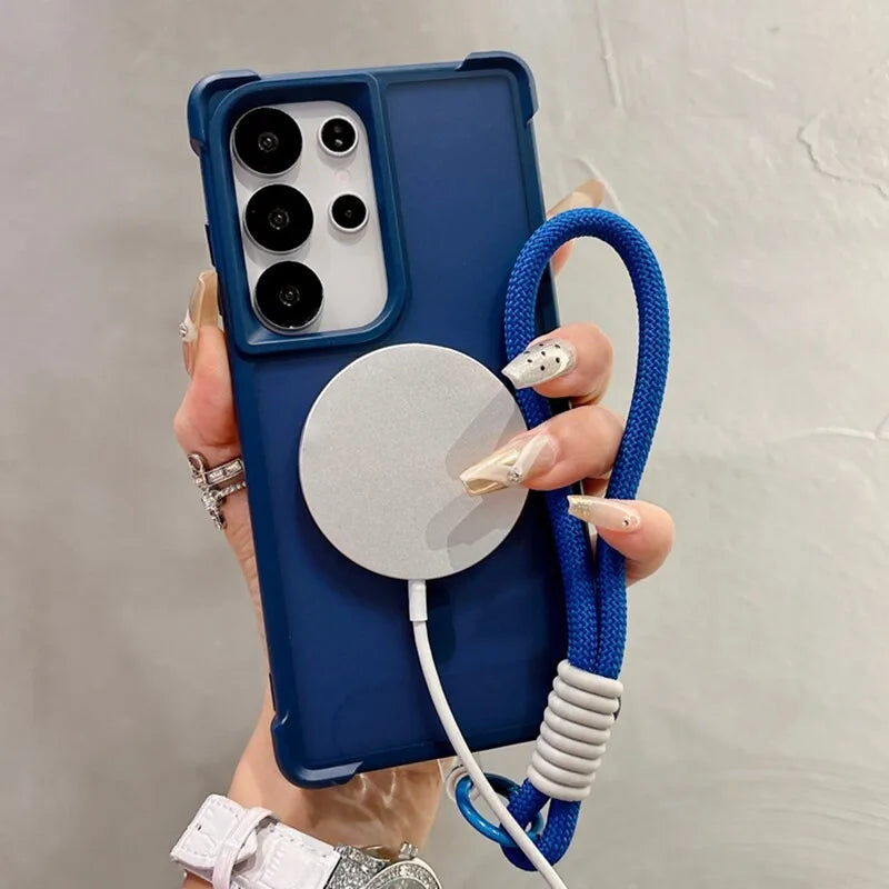 for Magsafe Airbag Protection Magnetic Case For Samsung Galaxy S23 S24 S25 S26 Ultra Plus Wrist Strap Lanyard Translucent Cover