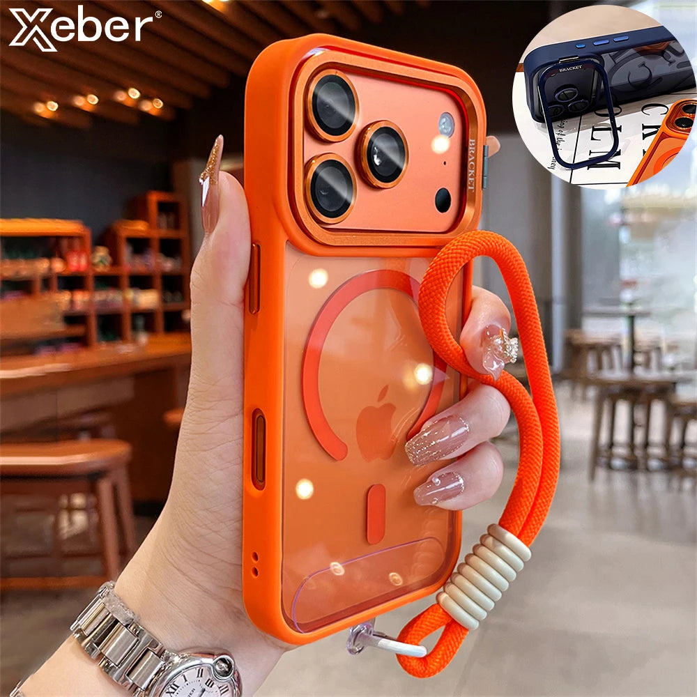 Luxury 3IN1 Lanyard Lens Holder Transparent For Magsafe Phone Case For iPhone 17 16 15 14 13 12 Pro Max Solid Color Bumper Cover