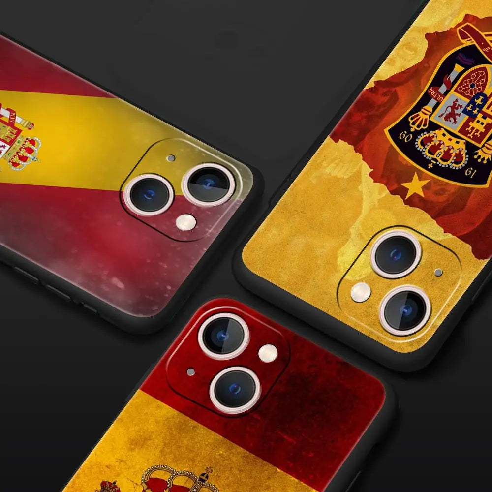 spain flag Luxury Phone Case For iPhone 13 15 14 12 Mini 11 Pro MAX XR X SE XS 7 8 Plus Silicone Black Protection Cover