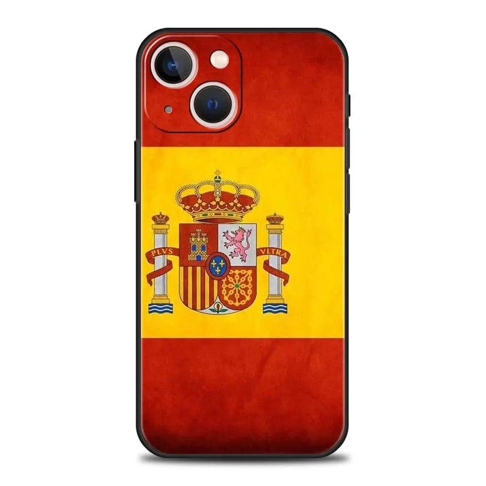 spain flag Luxury Phone Case For iPhone 13 15 14 12 Mini 11 Pro MAX XR X SE XS 7 8 Plus Silicone Black Protection Cover