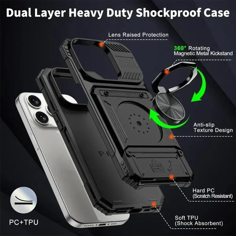 Case For iPhone 11 13 14 15 16 Pro Max 14 15 16 Plus 11 Magnetic Rotated Ring Kickstand Heavy Duty Drop Protection Wallet Cover