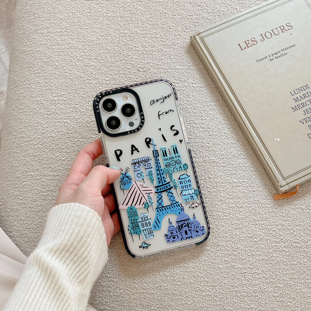 Paris London New York City Landmark building Cartoon Doodle Cover Case For iPhone 16 15 14 13 12 11 Pro Max 7 8 Plus Mini X XR