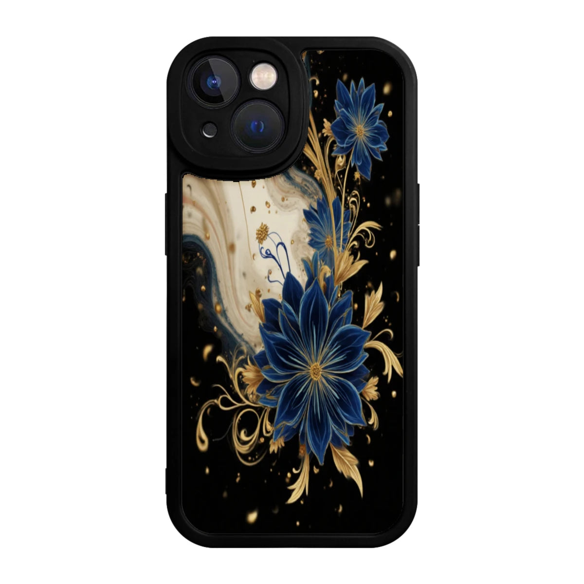 Floral Phone Case Black Blue Gold Flower Pattern For Iphone X To Iphone 16 Pro Max Fashion Protective Cover For Daily Use And Gift