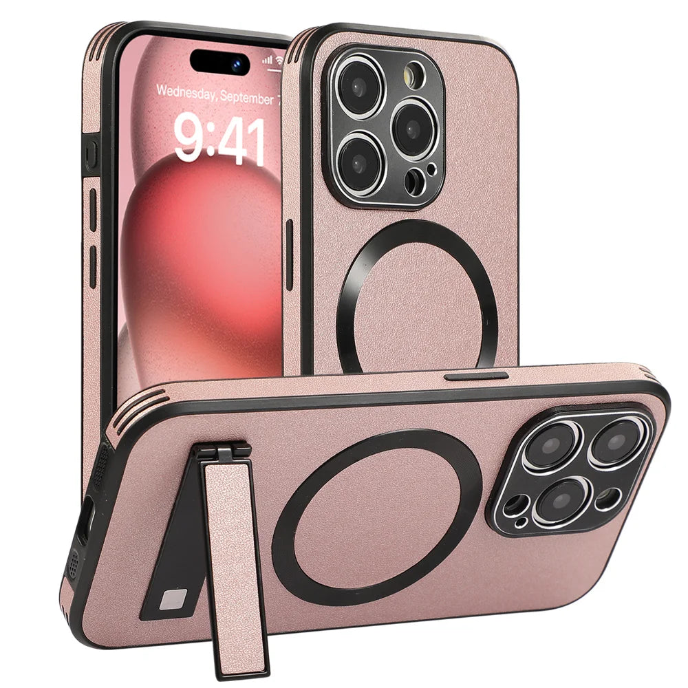 Luxury Magnetic Leather Stand Phone Case For iPhone 17 16 15 14 11 12 13 Pro Max Wireless Charging For Magsafe Shockproof Cover