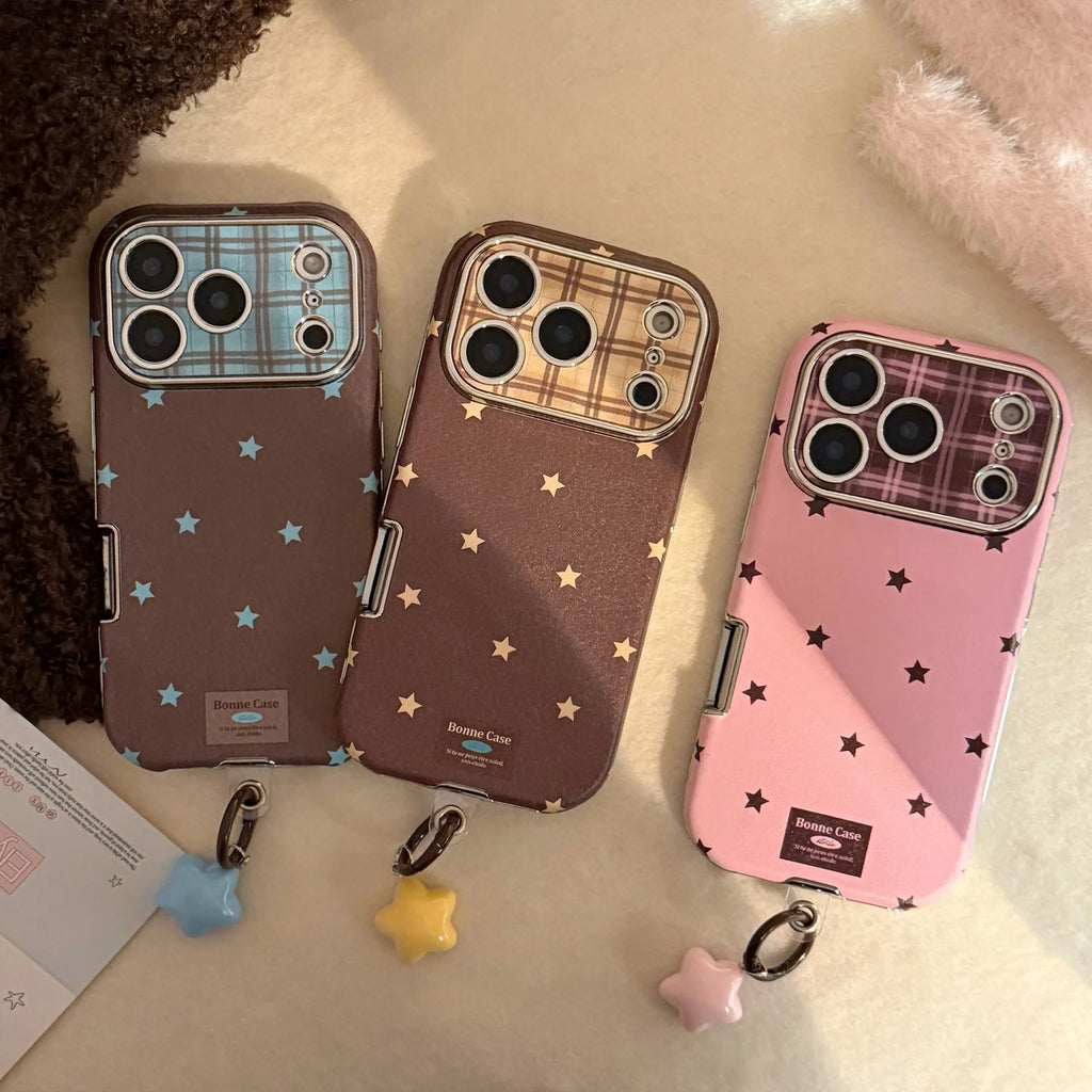 Korean Retro Stars Plating Leather Texture Phone Case For iPhone 17 16 15 Plus 14 13 12 11 Pro Max With Pendant Shockproof Cover