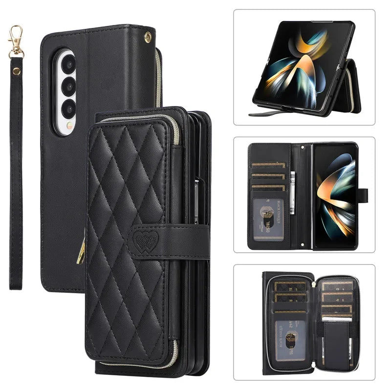 Crossbody Leather Zipper Wallet Card Phone Case for Samsung Galaxy Z Fold 7 6 5 4 3 5G Luxury Wrist Rope Flip Stand Cover Coque
