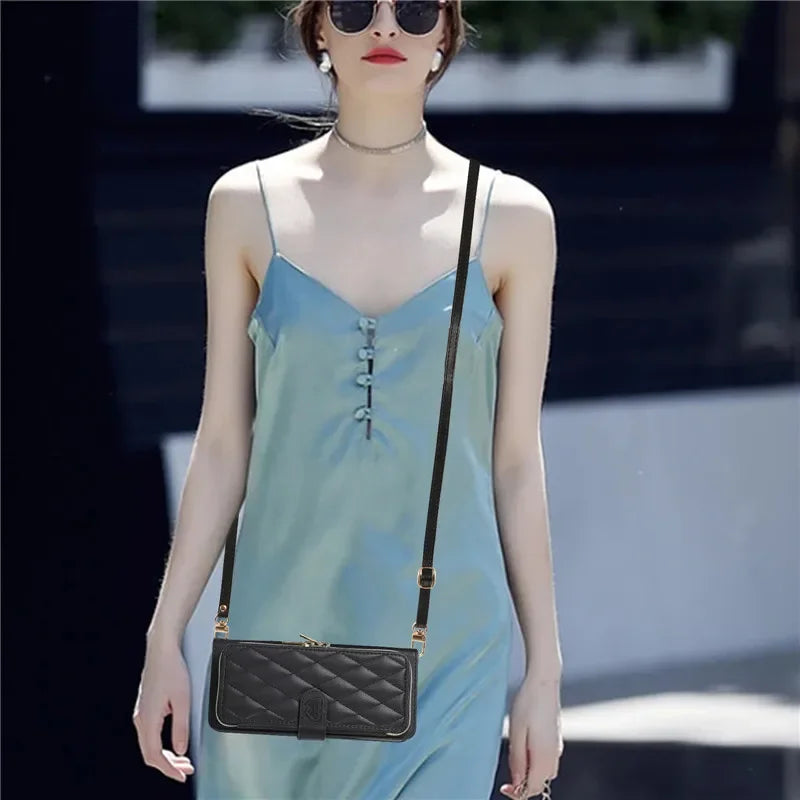 Crossbody Leather Zipper Wallet Card Phone Case for Samsung Galaxy Z Fold 7 6 5 4 3 5G Luxury Wrist Rope Flip Stand Cover Coque