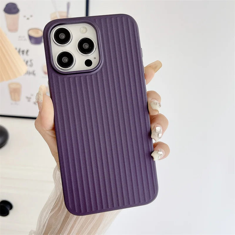 Natural Titanium PC Phone Case For iPhone 16E 12 13 14 15 16 Pro Max Plus Electroplated Grating Corrugated Hard Shockproof Cover