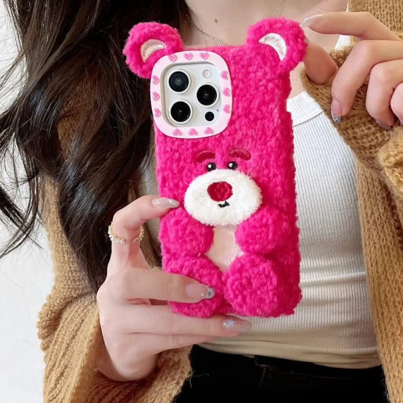 Korea Kawaii Aesthetic Lotso Strawberry Bear Plush Phone Case Fluffy Winter Warm Shockproof Cover for iPhone 16 15 14 13 Pro Max