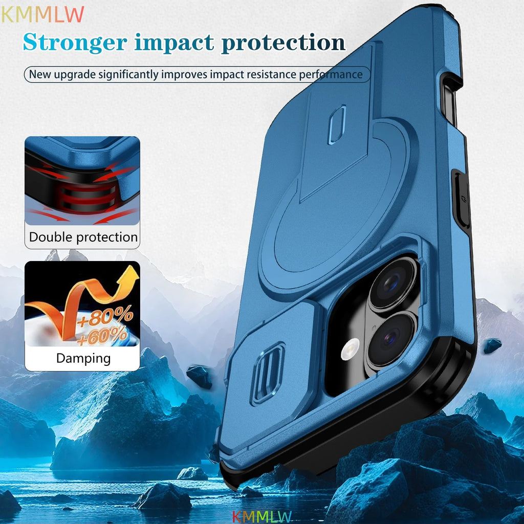Lens Protect Camera Phone Case for iPhone 16 15 14 13 12 11 Pro Max Plus 16e Magnetic Kickstand Cover