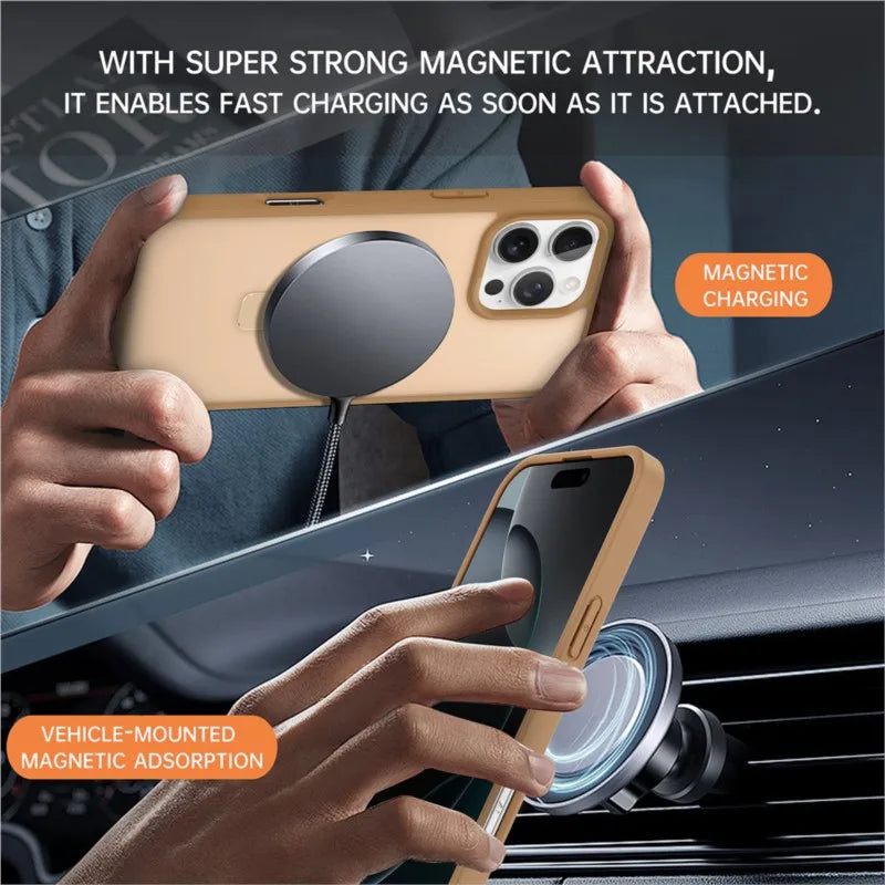 Matte Metal Ring Magnetic Phone Case for Magsafe IPhone 11 12 13 14 15 16 17 Air Pro Max Plus 17Pro KickStand Holder Cover