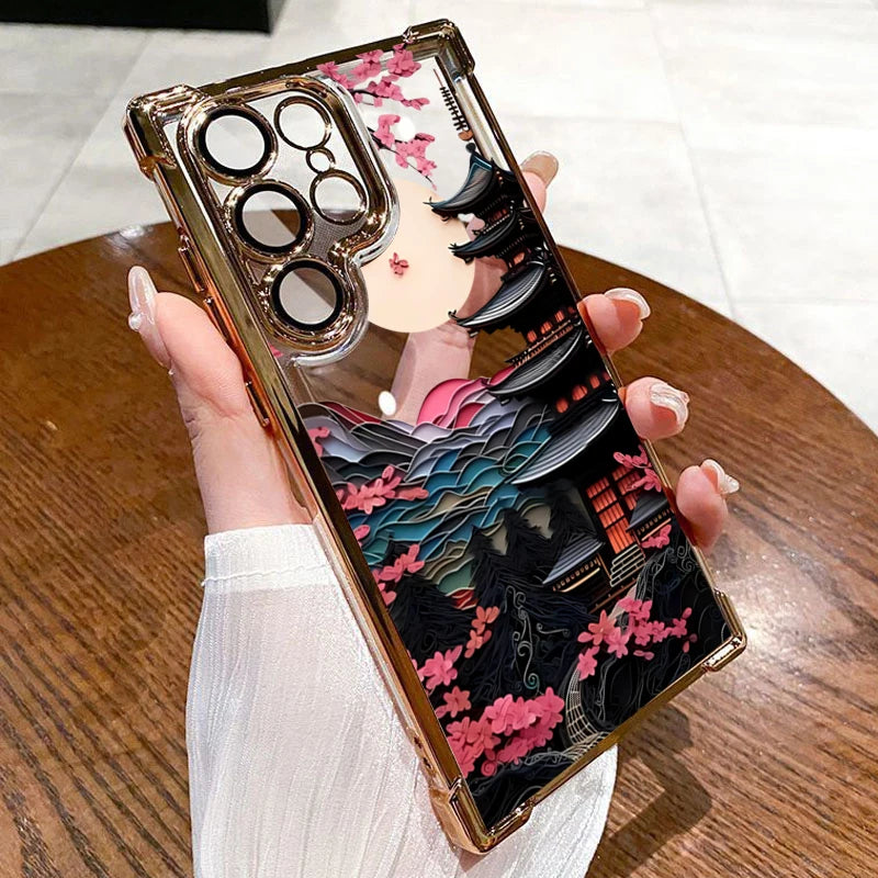 Japanese-Style Ancient House Airbag Phone Case For Samsung Galaxy S25 S24 Ultra S23 S22 Plus S21 FE Clear Soft Cover