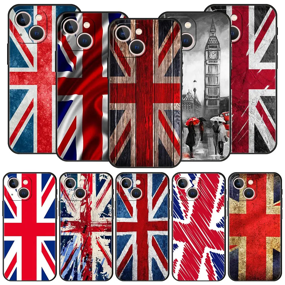 England UK flags Luxury Phone Case For iPhone 13 15 14 12 Mini 11 Pro MAX XR X SE XS 7 8 Plus Silicone Black Protection Cover