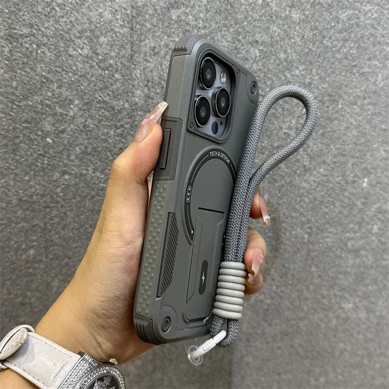 For Magsafe Case for IPhone 17 16 14 13 11 12 15 Pro Max Plus Magnetic Wireless Charging Wrist Strap Stand Hard Anti-fall Cover