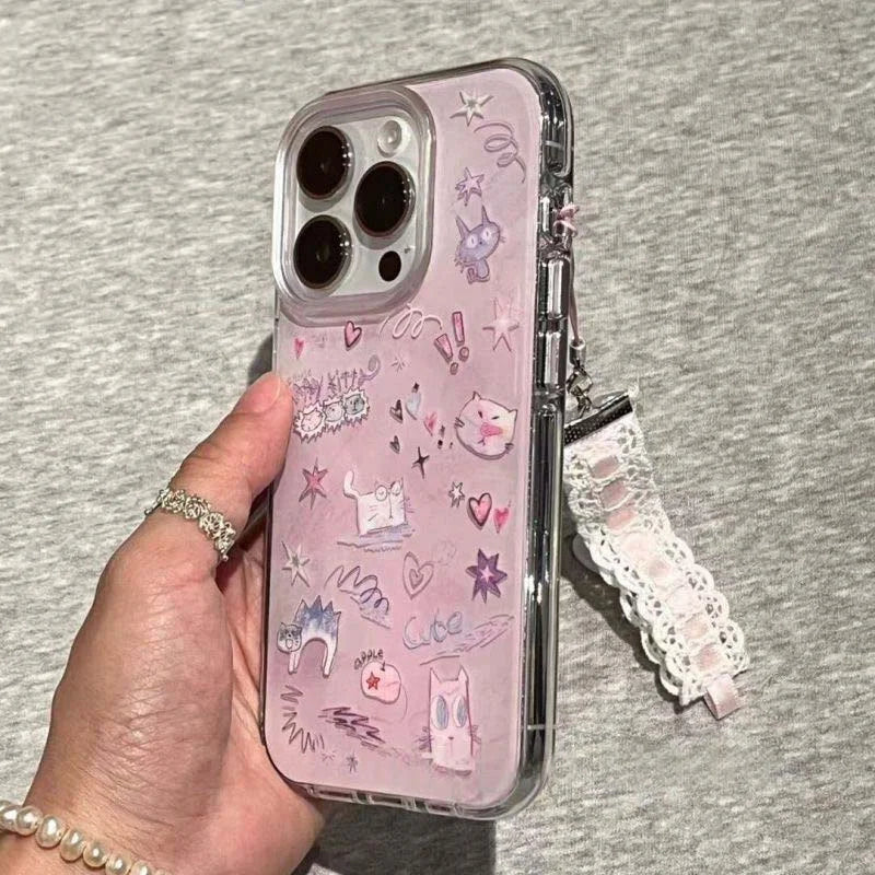 Frosted graffiti cat phone case comes with lace pendant for iPhone 11 12 13 14 15 16 Pro Max